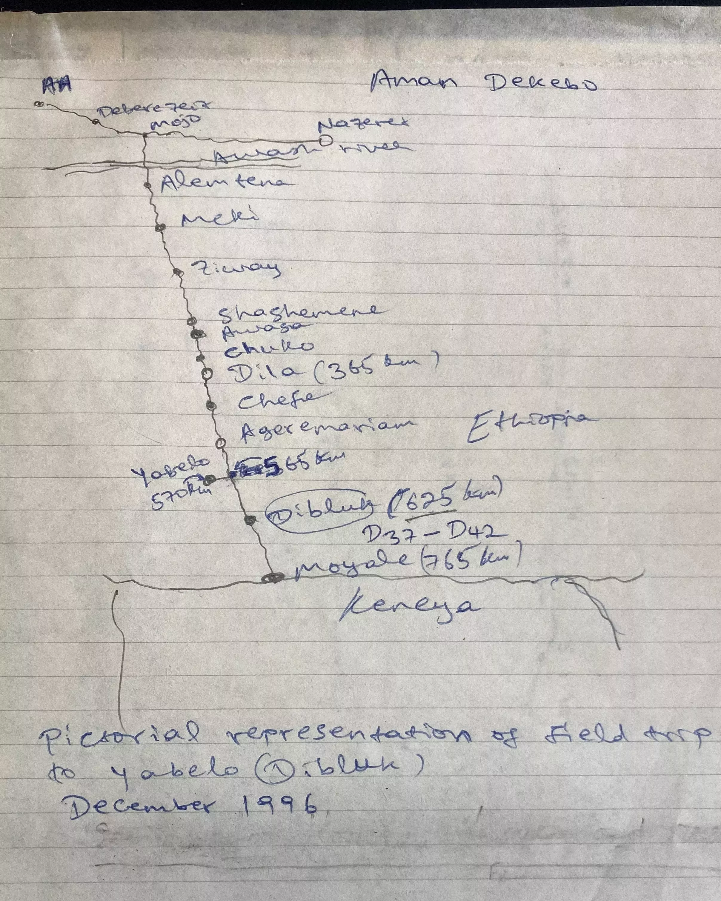A hand drawn map of fieldwork localities in an area of Ethiopia dated December 1996 © Chiara Seed, RBG Kew A hand drawn map of fieldwork across Ethiopia