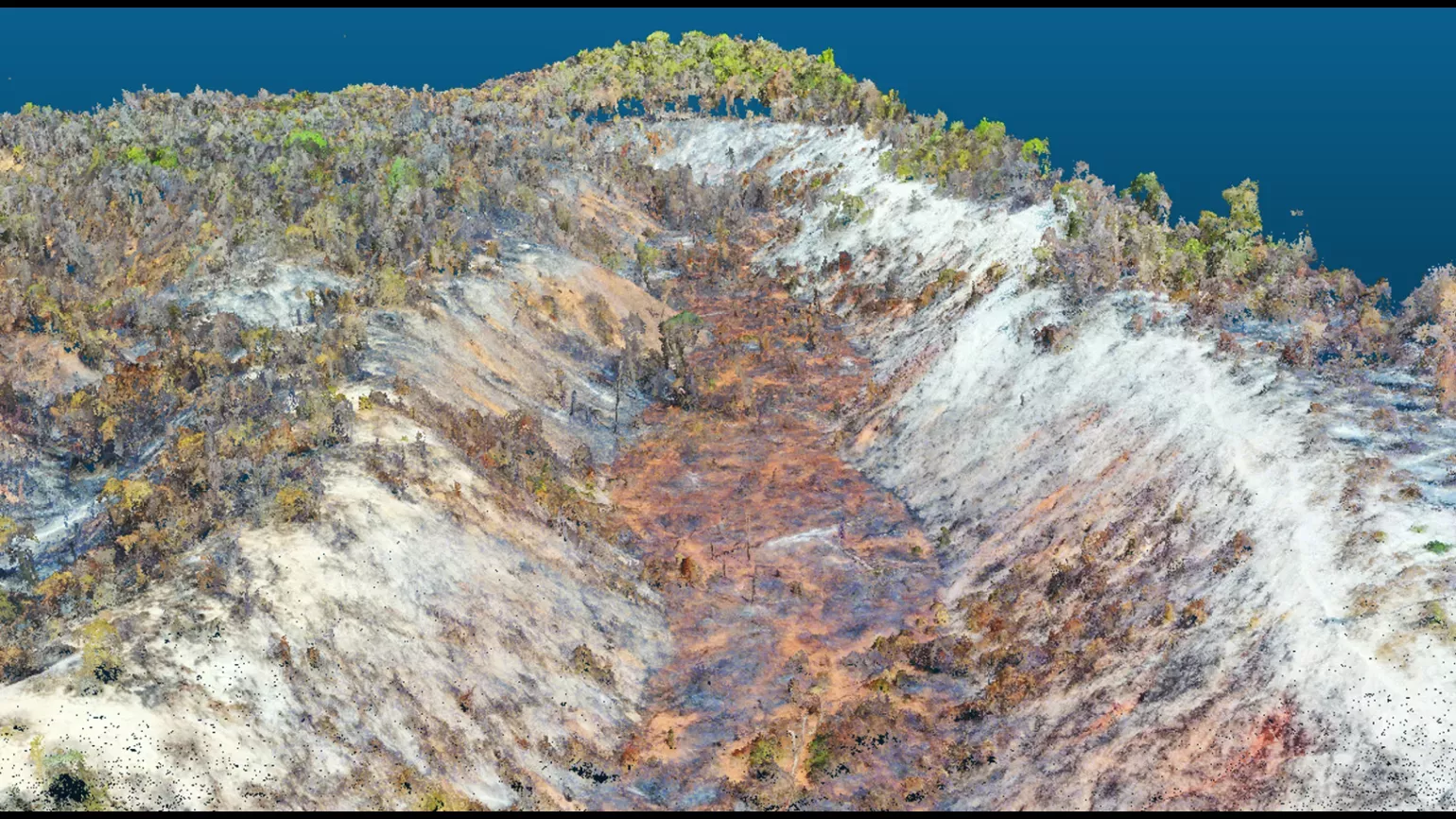 First - drone imagery is used to build a 3d model of a freshly burnt area © Jenny Williams, RBG Kew A computer render of a freshly burnt valley