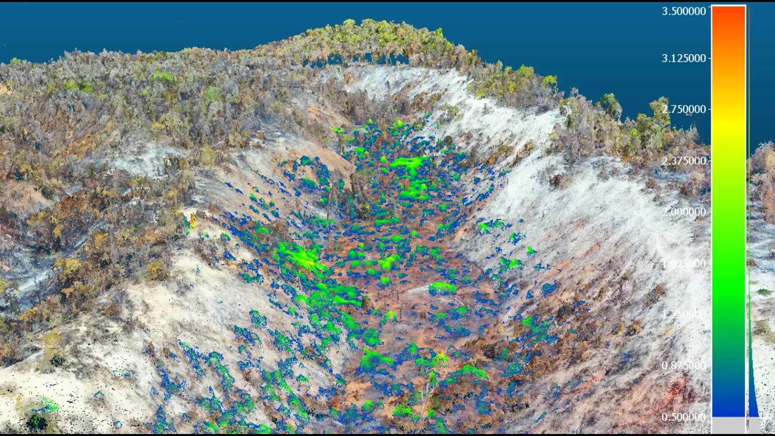 Third - Computer modelling allows us to quantify the differences in vegetation as well as canopy height and cover over time by comparing the drone-built models © Jenny Williams, RBG Kew A computer render of a valley shows the difference between burning and recovery 6 months on