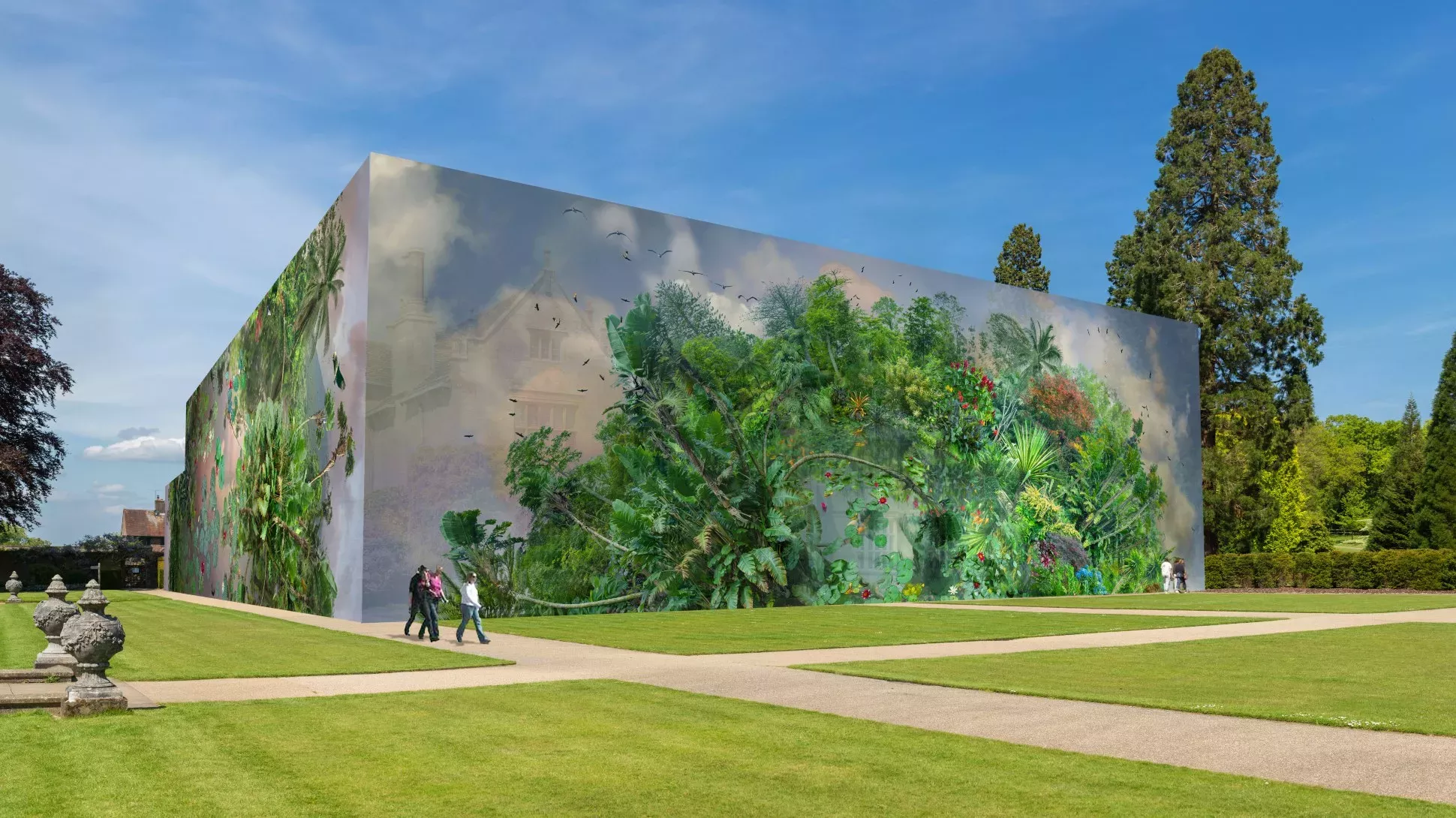 Planet Wakehurst simulation artwork by artist Catherine Nelson © RBG Kew A simulation of 'Planet Wakehurst' artwork wrapping the mansion