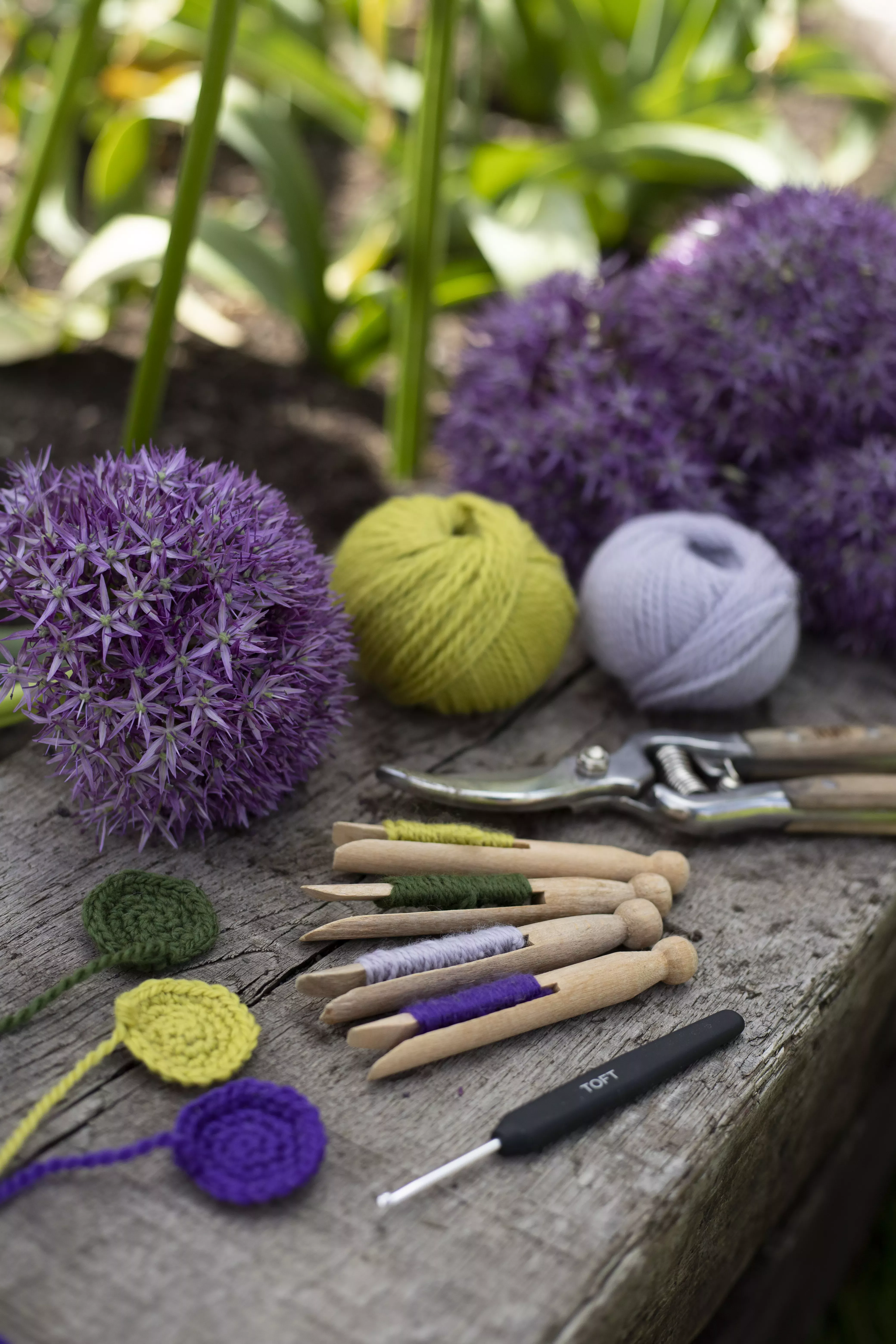 TOFT crochet © TOFT A collection of crochet equipment including coloured wool and hooks